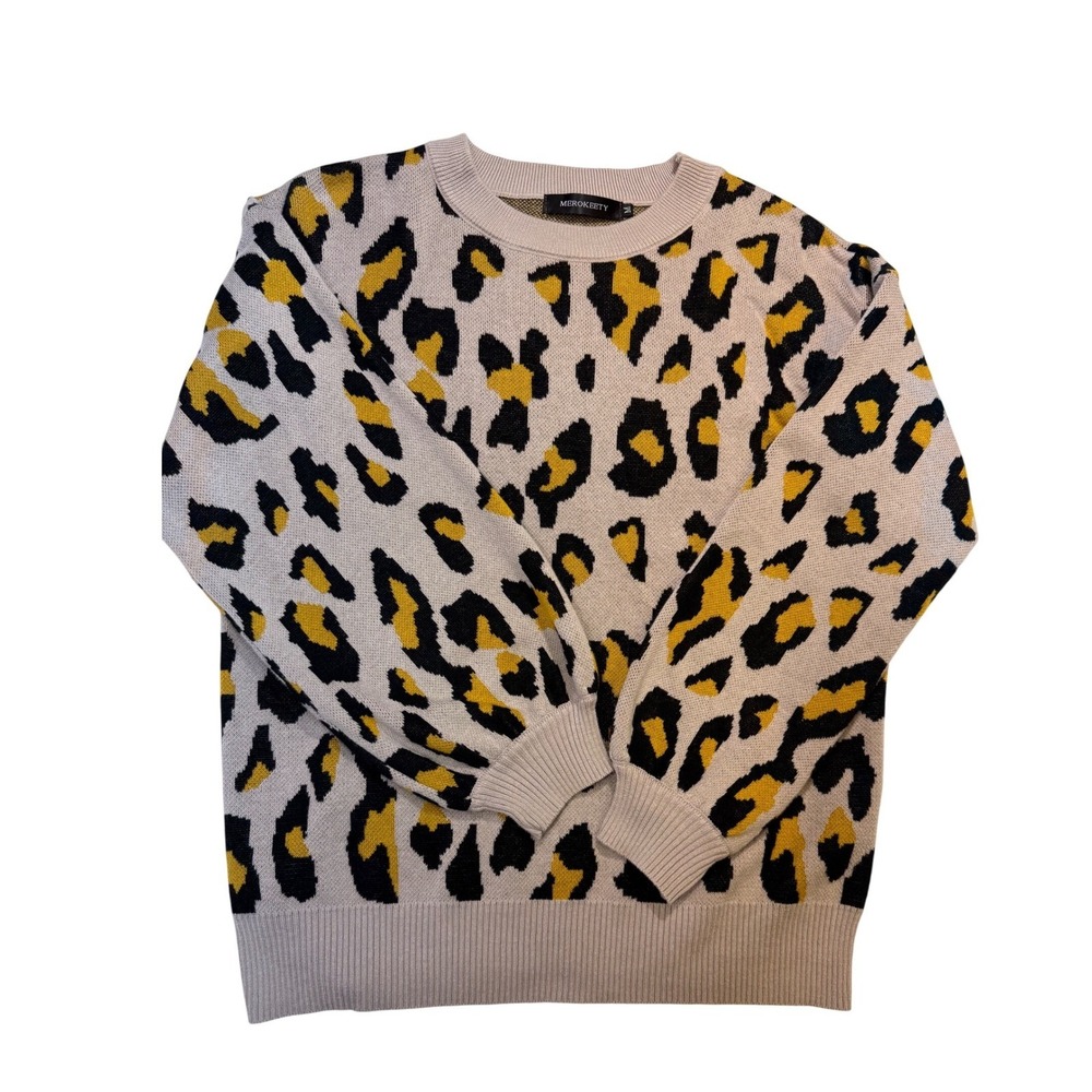 Leopard Print Crew Neck Long Sleeve Sweater Top Beige Yellow Black Size Medium - Picture 6 of 10
